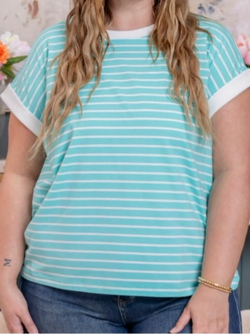 Contrast Trim Cap Sleeve Striped Mint Tee - Women. Small
